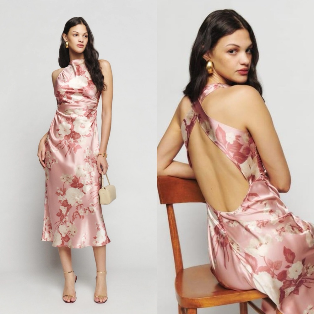 Reformation Casette Silk Dress Bellini Pink floral Size 10 NEW! New with tags!